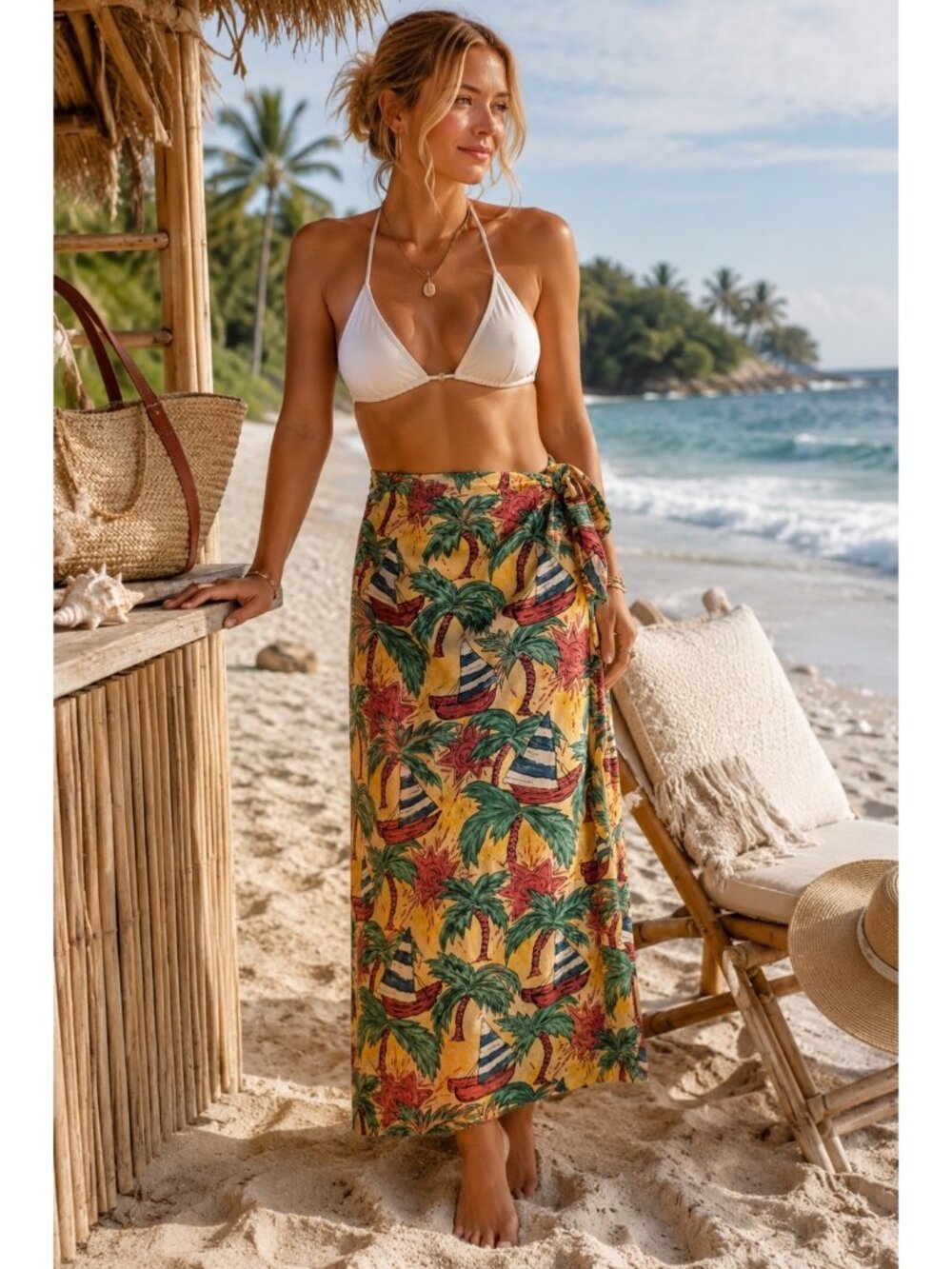 Vintage Breeches Tropical Palm Tree Sailboat Faux Wrap Maxi Skirt USA S/M Resort